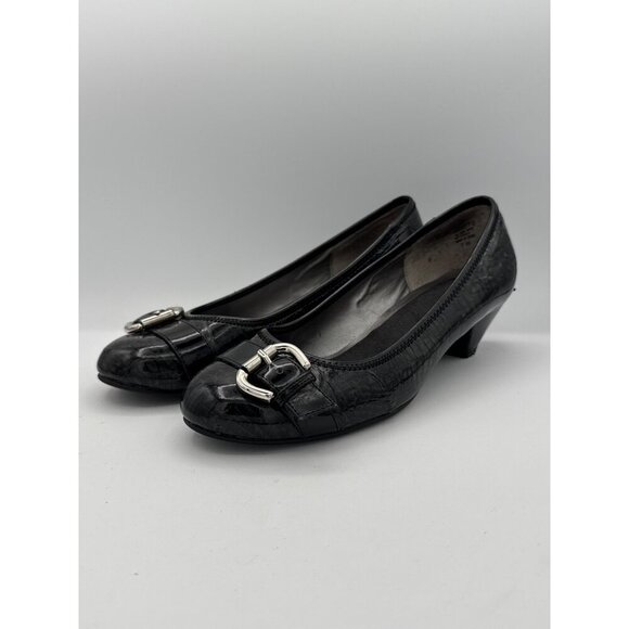 Black Faux Croc Leather Buckle Kitten Heels Size 7W - Picture 1 of 7
